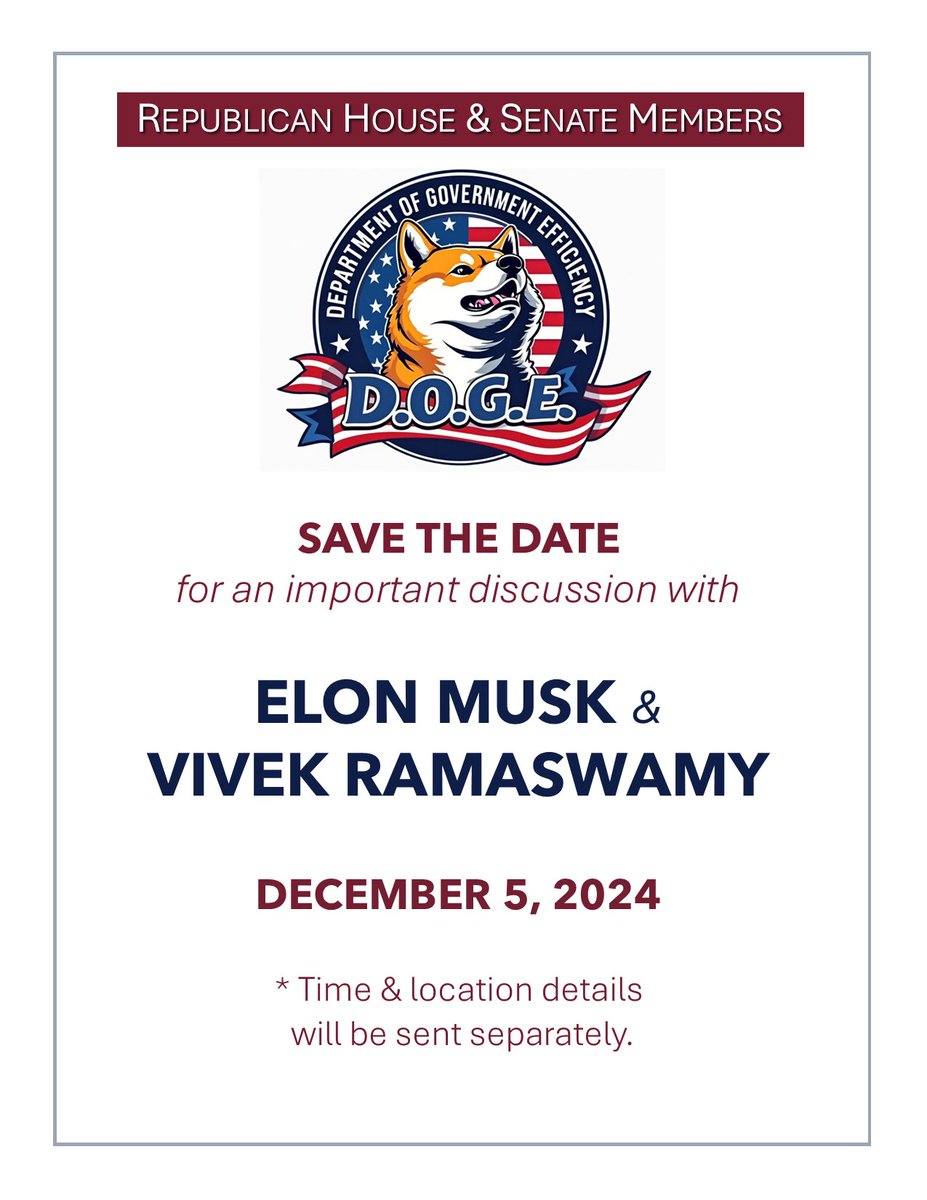 Looking forward to hosting <a href="/elonmusk/">Elon Musk</a> and <a href="/VivekGRamaswamy/">Vivek Ramaswamy</a> next week on Capitol Hill to discuss major reform ideas to achieve regulatory rescissions, administrative reductions, and cost savings—&amp; revive the principle of limited government! <a href="/realDonaldTrump/">Donald J. Trump</a> has made this possible!