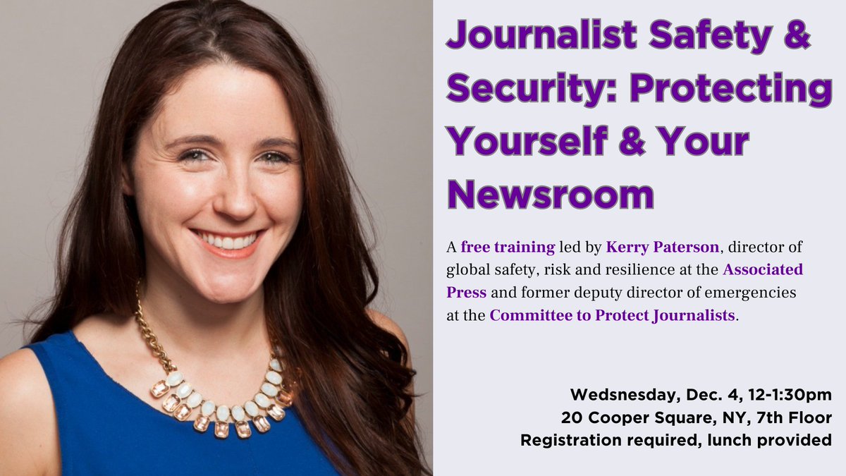 Ethics & Journalism Initiative @ NYU (@ethical_news) on Twitter photo 🗓️You won't want to miss our final event of the year: a free journalism safety training led by <a href="/kerrykpaterson/">kerrykpaterson</a>, director of global safety & risk at <a href="/AP/">The Associated Press</a>, Dec. 4, 12-1:30pm.
Lunch is on us, but registration is required. Reserve your spot here: events.nyu.edu/event/345329-j… 🗓️You won't want to miss our final event of the year: a free journalism safety training led by <a href="/kerrykpaterson/">kerrykpaterson</a>, director of global safety & risk at <a href="/AP/">The Associated Press</a>, Dec. 4, 12-1:30pm.
Lunch is on us, but registration is required. Reserve your spot here: events.nyu.edu/event/345329-j…