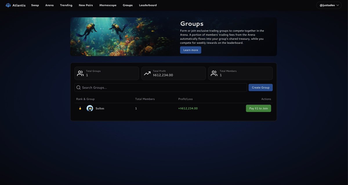 🌊 First look at Atlantis groups! Create public communities or exclusive trading circles with token-gating, NFT ownership, or membership fees. 

Every trade by group members flows platform fees directly into your treasury + earn extra afSUI rewards from weekly group leaderboards.