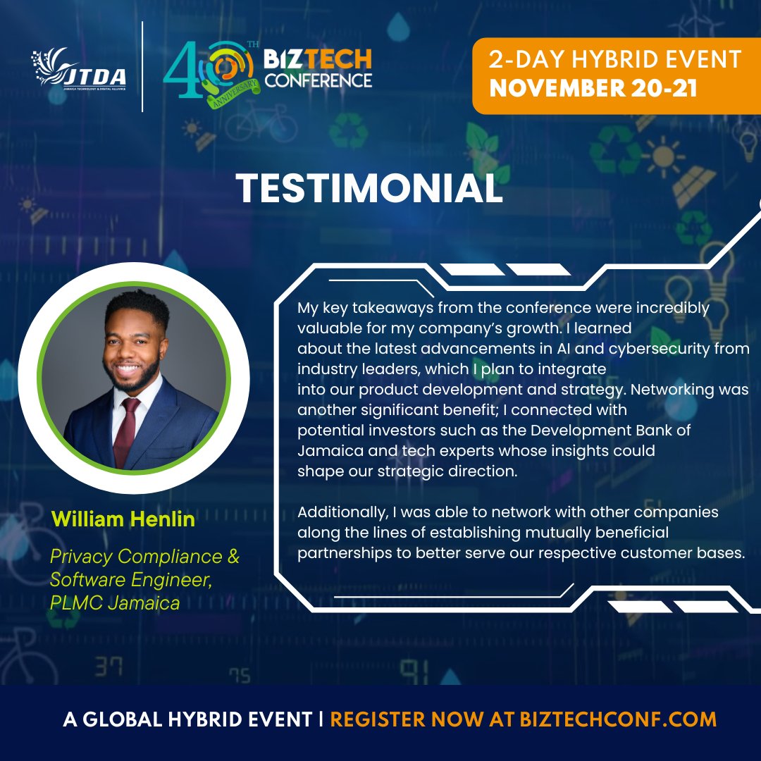 We’re so grateful for this glowing testimonial from William Henlin at PLMC Jamaica about his experience at BizTech 2024! 🙌

#BizTech2024 #TechForTheFuture