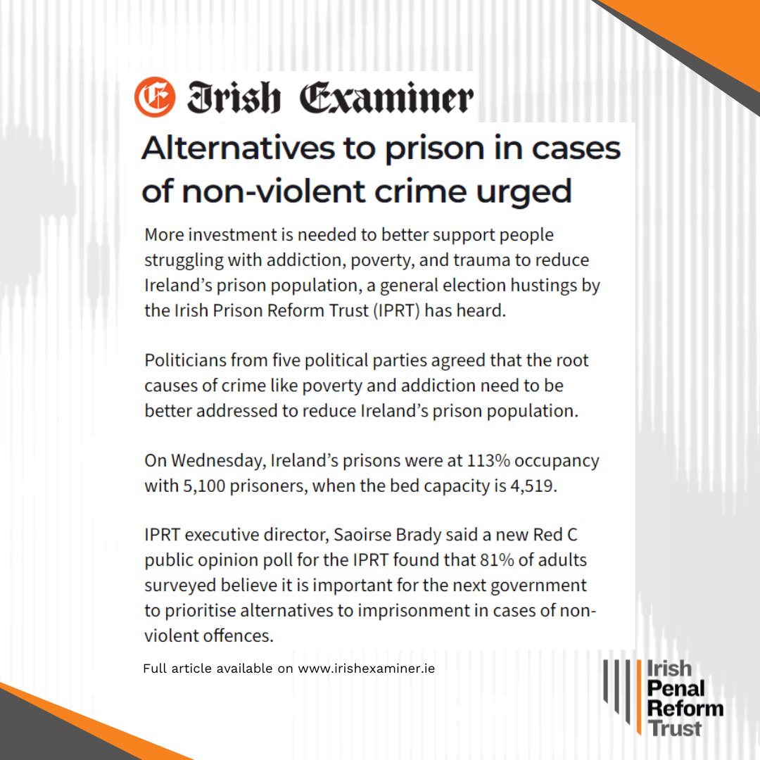 Irish Penal Reform Trust (@iprt) on Twitter photo After IPRT's Cross-Party Hustings last week, the <a href="/irishexaminer/">Irish Examiner</a> reported on the event and IPRT's recent public attitudes polling results.
Read the full article 'Alternatives to prison in cases of non-violent crime urged' 👉 iprt.ie/iprt-in-the-ne…
#GE24 #GeneralElection After IPRT's Cross-Party Hustings last week, the <a href="/irishexaminer/">Irish Examiner</a> reported on the event and IPRT's recent public attitudes polling results.
Read the full article 'Alternatives to prison in cases of non-violent crime urged' 👉 iprt.ie/iprt-in-the-ne…
#GE24 #GeneralElection