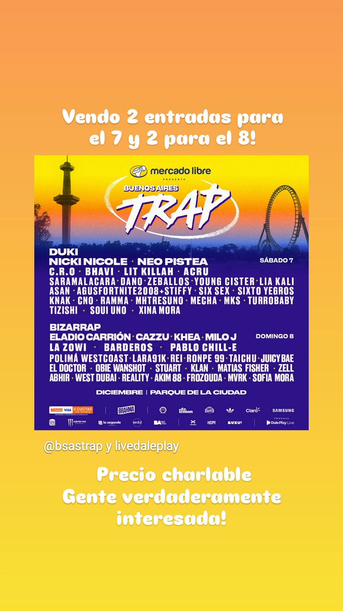 Vendoo entradas al bs as trap 
2x90mil pero se puede charlar!!!!