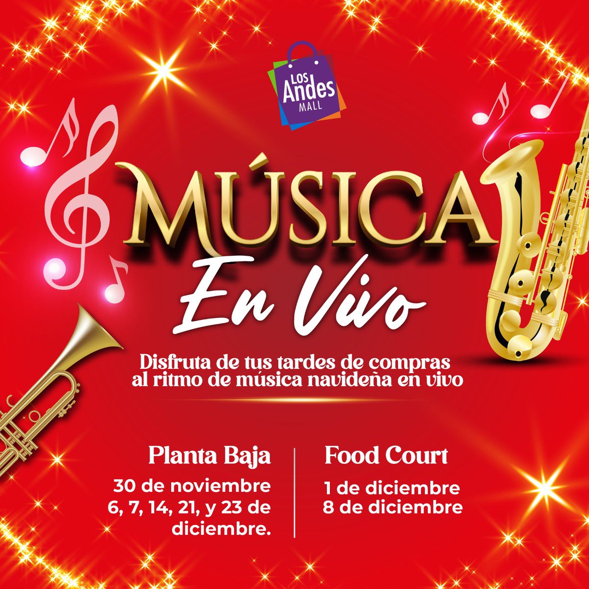 Haz que tus tardes de compras sean mágicas con las mejores melodías navideñas. ¡Ven a disfrutar de un ambiente lleno de alegría y tradición! 🎺🎵

📍 Planta Baja: 30 de noviembre, 6, 7, 14, 21 y 23 de diciembre.
📍 Food Court: 1 y 8 de diciembre.

A partir de las 4 p.m.