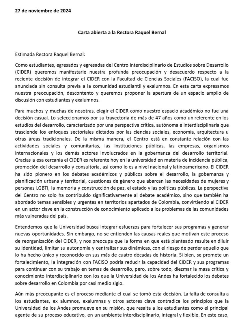 rafagaf's tweet photo. Como estudiantes y egresados del @CiderUniandes compartimos esta carta para unirnos a las voces de preocupación de los profesores sobre el futuro de un #CiderIndependiente #CrisisUniandes https://t.co/TL4nBC6rFo