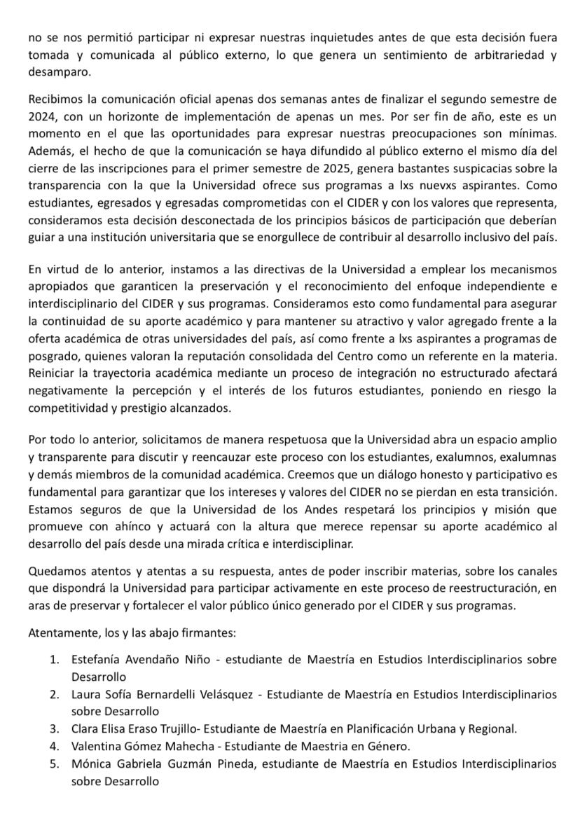 Como estudiantes y egresados del <a href="/CiderUniandes/">Cider Uniandes</a>  de <a href="/Uniandes/">Uniandes</a>  compartimos esta carta (docs.google.com/document/d/1T0…)  para unirnos a las voces de preocupación de los profesores sobre el futuro de un #CiderIndependiente #CrisisUniandes