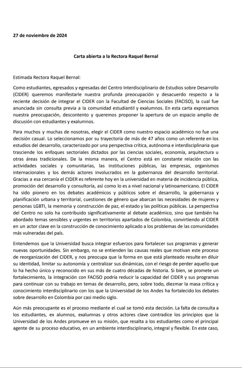 Carta abierta de estudiantes y egresados del #CIDER <a href="/CiderUniandes/">Cider Uniandes</a> hacia la Rectora Raquel Bernal, dónde expresamos nuestras preocupaciones frente al futuro de un #CIDERindependiente #CrisisUniandes docs.google.com/document/d/1T0…
