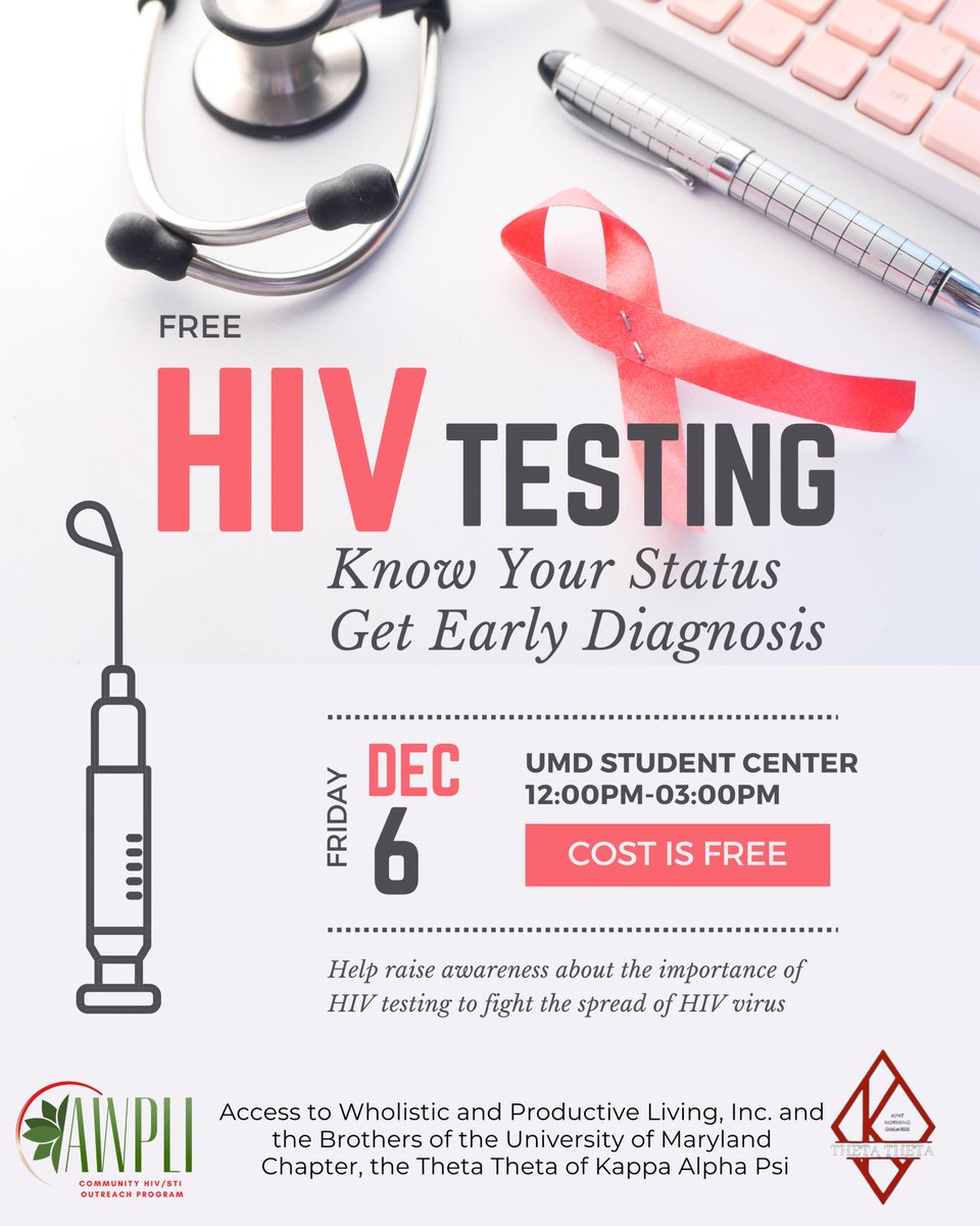 Know your status, take control of your health! 🩺✨ Join us for FREE HIV Testing on Friday, December 6th at the UMD Student Center from 12 PM - 3 PM. Early diagnosis saves lives—don’t miss this opportunity to prioritize your well-being. 💪❤️ #HIVAwareness #KnowYourStatus #UMD