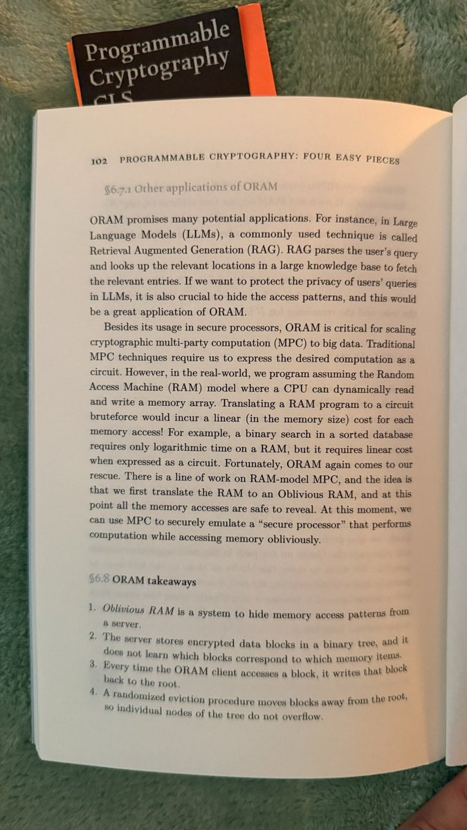 very cool Programmable Cryptography book by <a href="/0xPARC/">0xPARC</a> from devcon. will need a double take on the math parts but overall nice to see how these next gen cryptographic primitives actually work and what they can do. 

ORAM was new for me and particularly interesting — i wonder: does