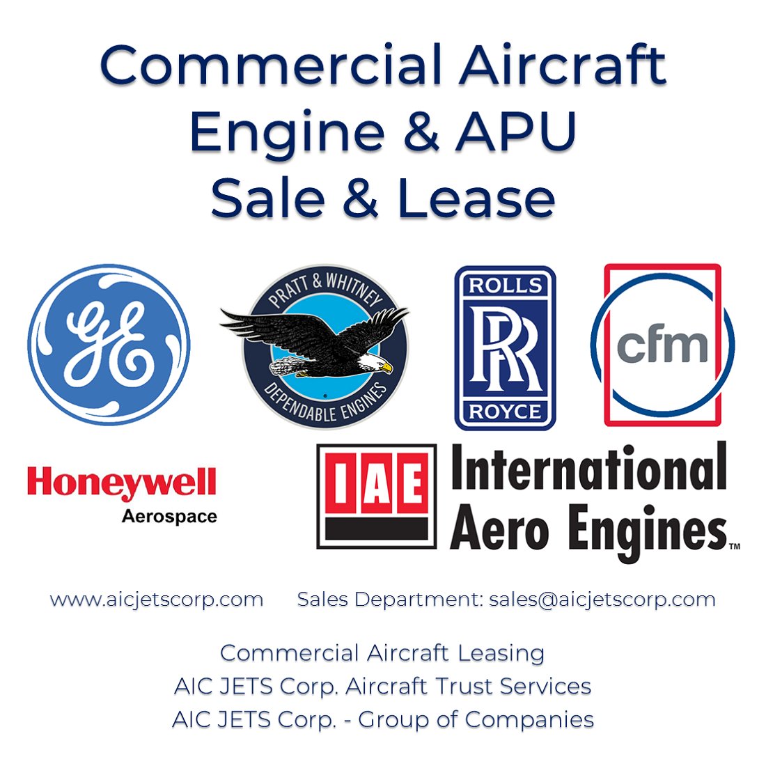 AICJETSCorp's tweet photo. Commercial aircraft and business jet engine and APU for sale and lease.
New inventory available.
#AICJETSCorp #aviation #airport #aircraftmainenance #aircraftengine #prattandwhitney #rollsroycetrent #geengines #aircraft #flying #aircraftdelivery #wekeepyouflying #aircrafttrust https://t.co/RlRw3DiRPD