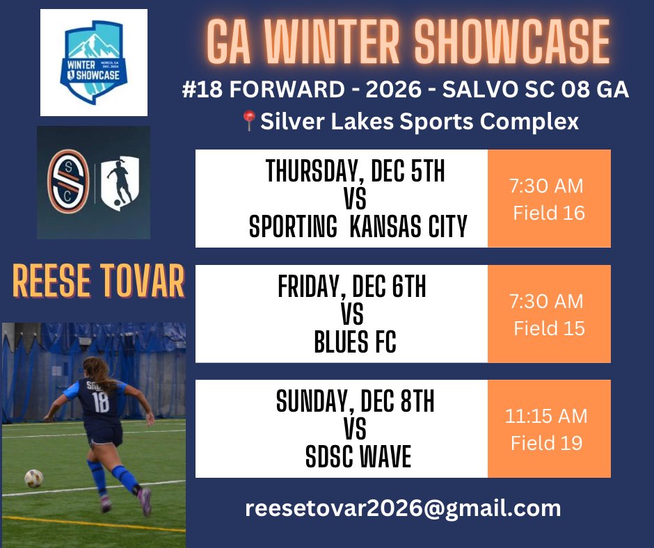 Here's my schedule for the GA
Winter Showcase in California!! Come out and watch my team and I compete!! <a href="/GAcademyLeague/">Girls Academy</a> <a href="/SalvoSCGA/">Salvo Girls Academy</a>