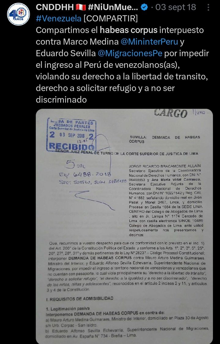 LegPatriotaPeru's tweet photo. Esto fue facilitado por el habeas corpus de la @cnddhh, que ató de manos desde el 2018 al Mininter y a Migraciones para impedir el ingreso de venezolanos.
San Borja. https://t.co/lbktmL1B02
