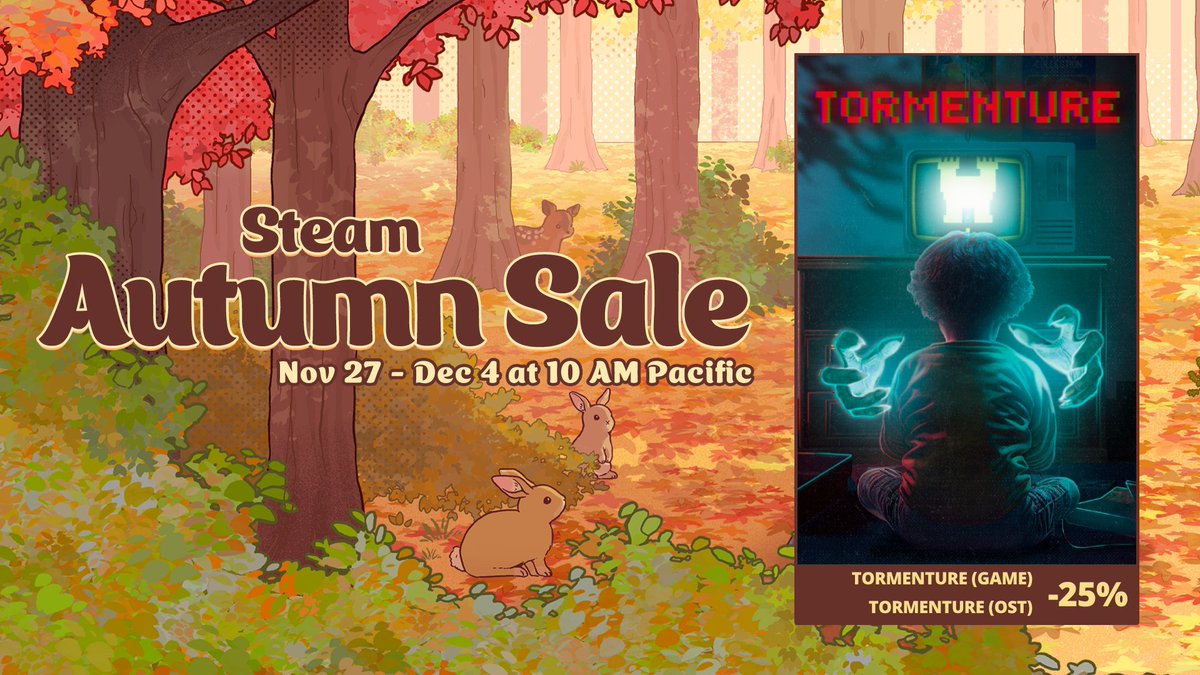 #TORMENTURE🕹️ and its OST are 25% off for the #SteamAutumnSale🍂!

Get it for a unique experience of playing a game within a game that will reveal deep, dark secrets! 🎮💀
bit.ly/TormentureAutu…