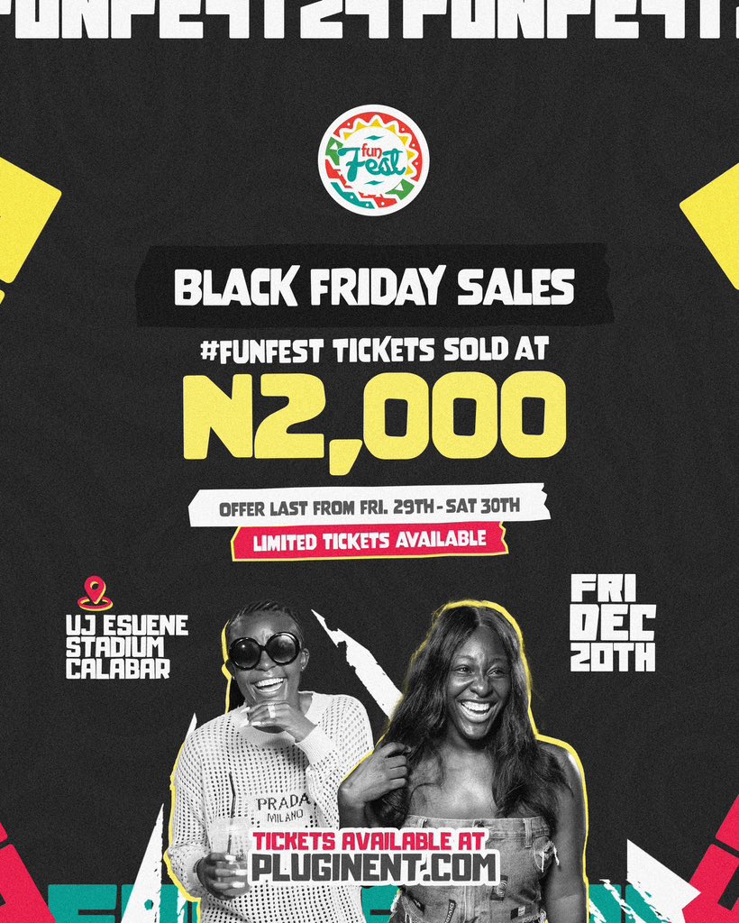 funfestng's tweet photo. Black Friday Alert!
Get ready to secure your Fun Fest tickets at jaw-dropping prices! 🎉 Don’t miss the chance to experience the ultimate festival at a steal.

Ticket link opens 12am on Thursday &amp; closes 12am on Saturday https://t.co/sioZuV9cyu