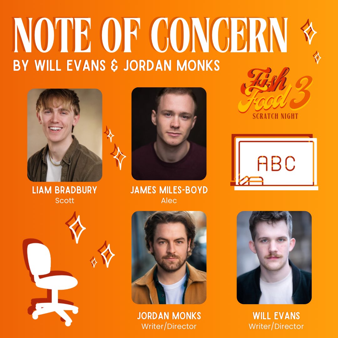 Our fourth scratch piece is ‘Note of Concern’, written and directed by Will Evans and Jordan Monks!

CAST 🎭
Liam Bradbury as SCOTT
James Miles-Boyd as ALEC

SCRATCH DETAILS:
 📌 Augustine United Church, Edinburgh
🗓️ Monday 2nd December 
⏰ 7:30pm - 10pm