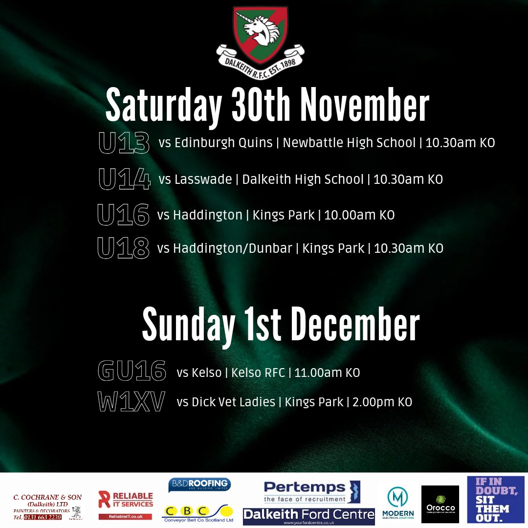 DalkeithRFC's tweet photo. π YOUR WEEKEND FIXTURES π
#dalkeithRFC #dalkeithrugby #scottishrugby #midlothianrugby #drfc #oneclub #youthrugby #coltsrugby #girlsrugby #womensrugby https://t.co/r3RIUc2eyf