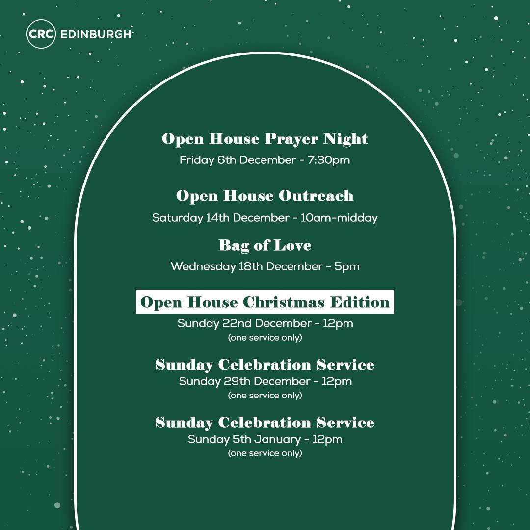 CRCEdinburgh's tweet image. Christmas is just around the corner, and so is our Open House!

Join us on December 22nd for our Open House: Christmas Edition! Swipe to see all our events taking place during the festive period. 

#Christmas2025 #Churchnearme