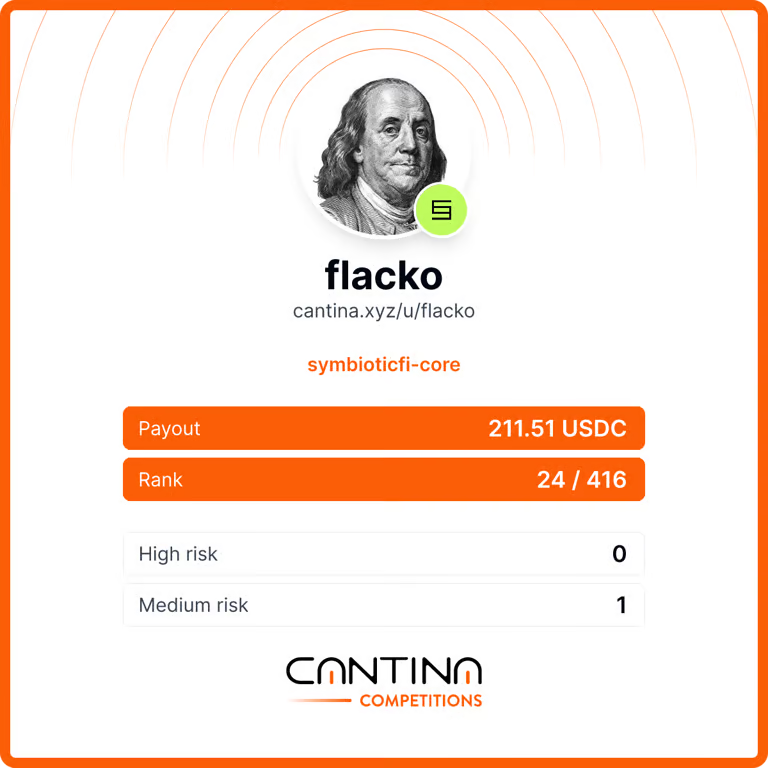 flack00n's tweet photo. First competition on @cantinaxyz as part of team @sentryxsec.

The codebase was extremely vague to reason about from my POV and it was first of its kind that we've encountered so I didn't expect much out of all that.

Still, we managed to find 1 / 4 mediums so we'll take that🏆 https://t.co/RRmk8hFx5v