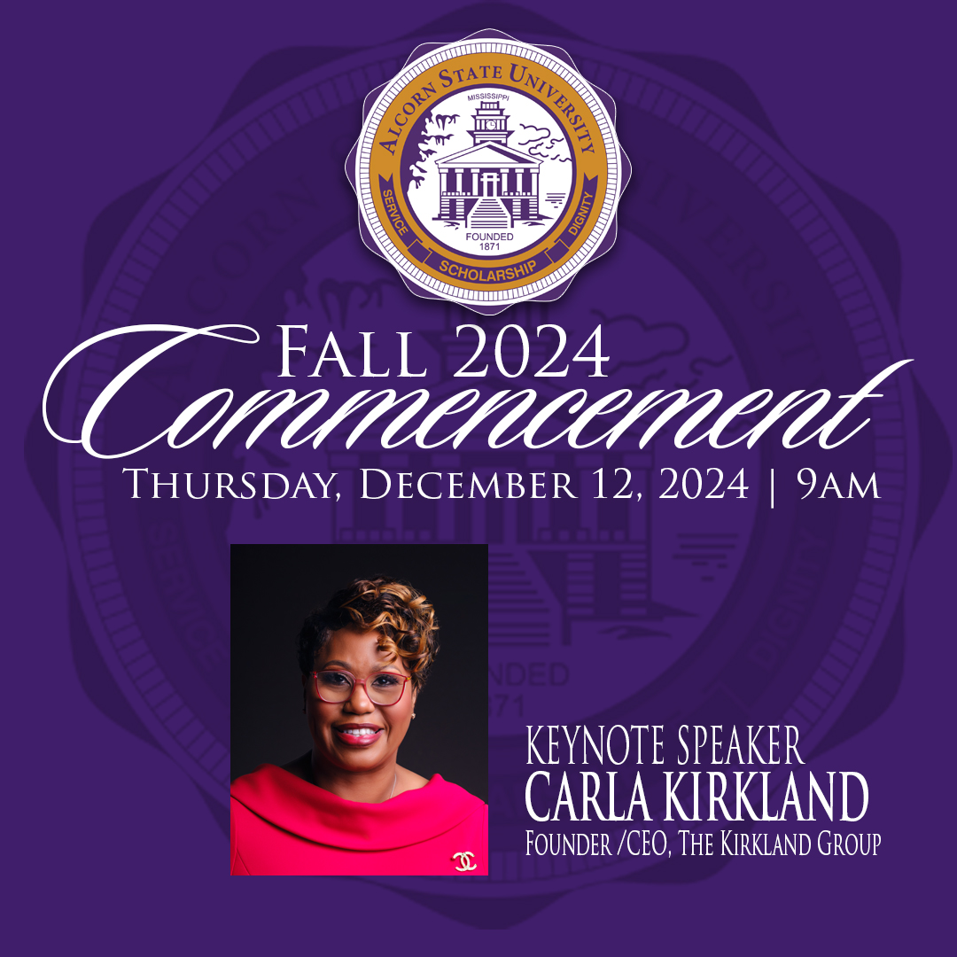 AlcornStateU's tweet photo. Alcorn State alumna Carla Kirkland is set to deliver the Fall Commencement address on Dec. 12, at 9 a.m. in the Davey L. Whitney HPER Complex. Read more — https://t.co/2HUuTWQDr3. #AlwaysAlcorn #AlcornGrad24 #AlcornAlumni https://t.co/qDtiFUZhxT