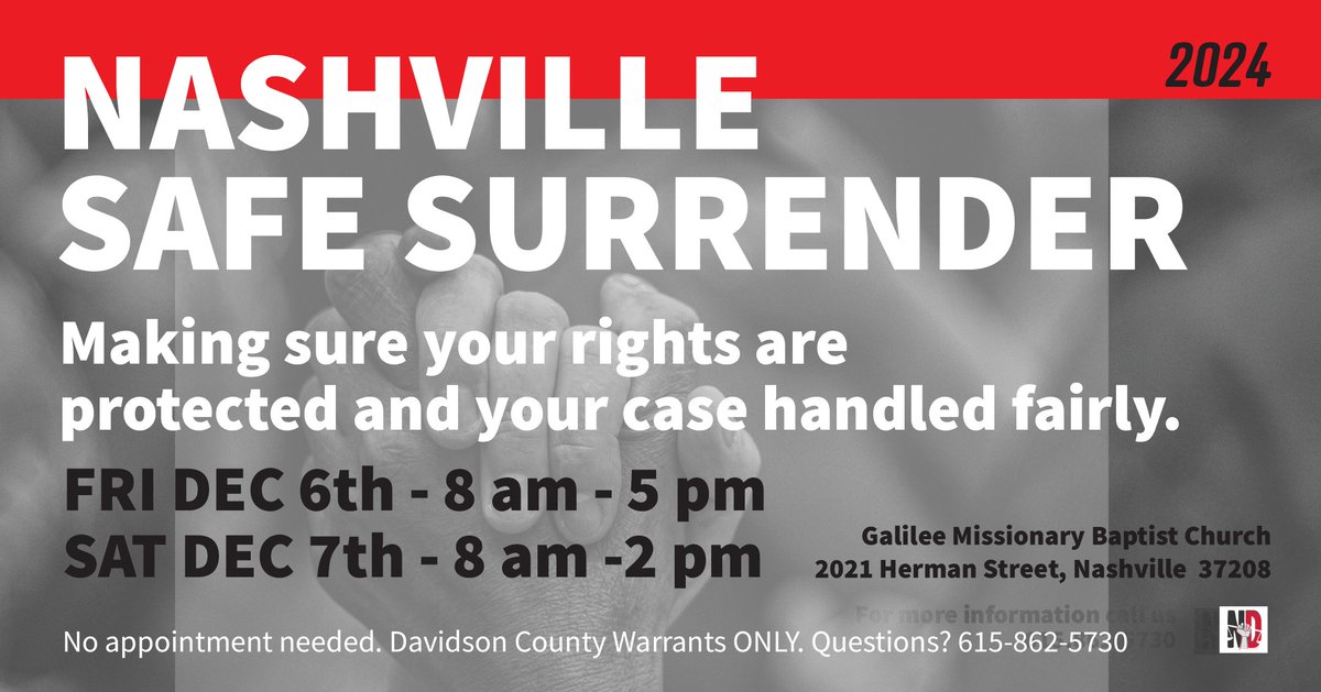 nash_defenders's tweet image. Our #SafeSurrender role: make sure your case is handled fairly. Do you or someone you know have an outstanding Davidson Cty warrant for non-violent offenses? Did you miss a court date? We will provide representation &amp;amp; support services to participants. #nashville #liberty