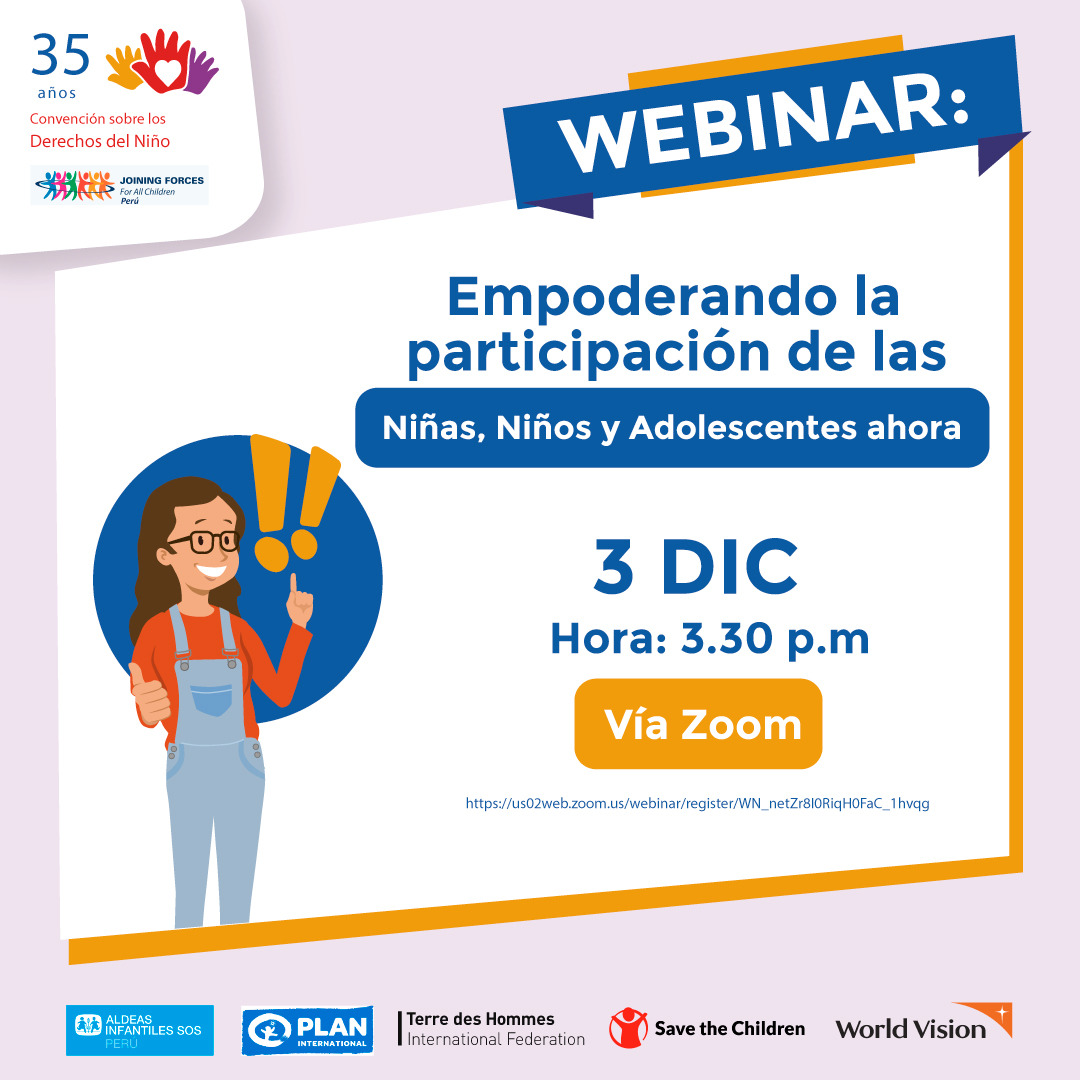 RemdiPeru's tweet photo. ⏰3 DIC ⏰ De 3:30 p.m. a 5:00 p.m. 
🌎 Webinar sobre participación de NNA🚀
📌Joining Forces For All Children - Perú
📍 Evento para explorar cómo fomentar la voz y la participación de NNA en diversos contextos. 
👉 Registro  https://t.co/WcxPHDmjyH
#35AñosCDN
#RemdiPerú https://t.co/56K5hLGIdL