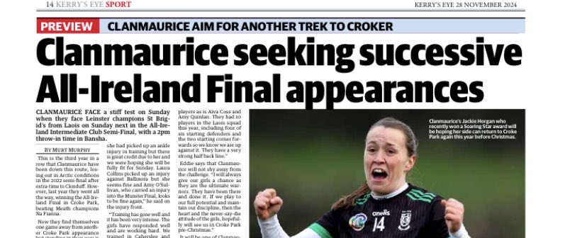Can the wonderful ⁦<a href="/Clanmauricecamo/">Clanmaurice Camogie</a>⁩ team do it again and reach back to back All Ireland finals? Read ⁦<a href="/MortimerMurphy1/">Mortimer Murphy(Murt)</a>⁩’s preview In tomorrow’s Kerry’s Eye Sport