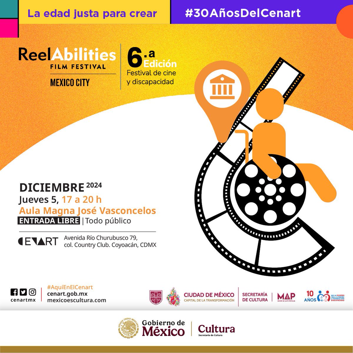 ¡El Cenart se suma al Reelabilities Film Festival! ♿🎬

Tendremos cinco cortometrajes dedicados a concientizar a la sociedad sobre las vidas, historias y las distintas formas de expresión de las personas con discapacidad y una charla con Rita Romanowsky.