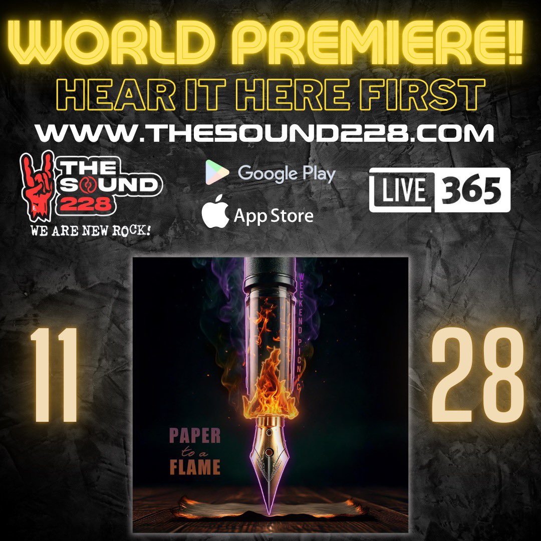 The Sound (@thesound228) on Twitter photo 🔥WORLD PREMIERE - “Paper to a Flame” by <a href="/weekendpicnic/">Weekend Picnic</a>🔥
Hear it here first, all day tomorrow on Thanksgiving Day, before it drops to the masses on Friday. Spins begin at midnight!
Tune in on the app or web, linktr.ee/TheSound228 🔥WORLD PREMIERE - “Paper to a Flame” by <a href="/weekendpicnic/">Weekend Picnic</a>🔥
Hear it here first, all day tomorrow on Thanksgiving Day, before it drops to the masses on Friday. Spins begin at midnight!
Tune in on the app or web, linktr.ee/TheSound228