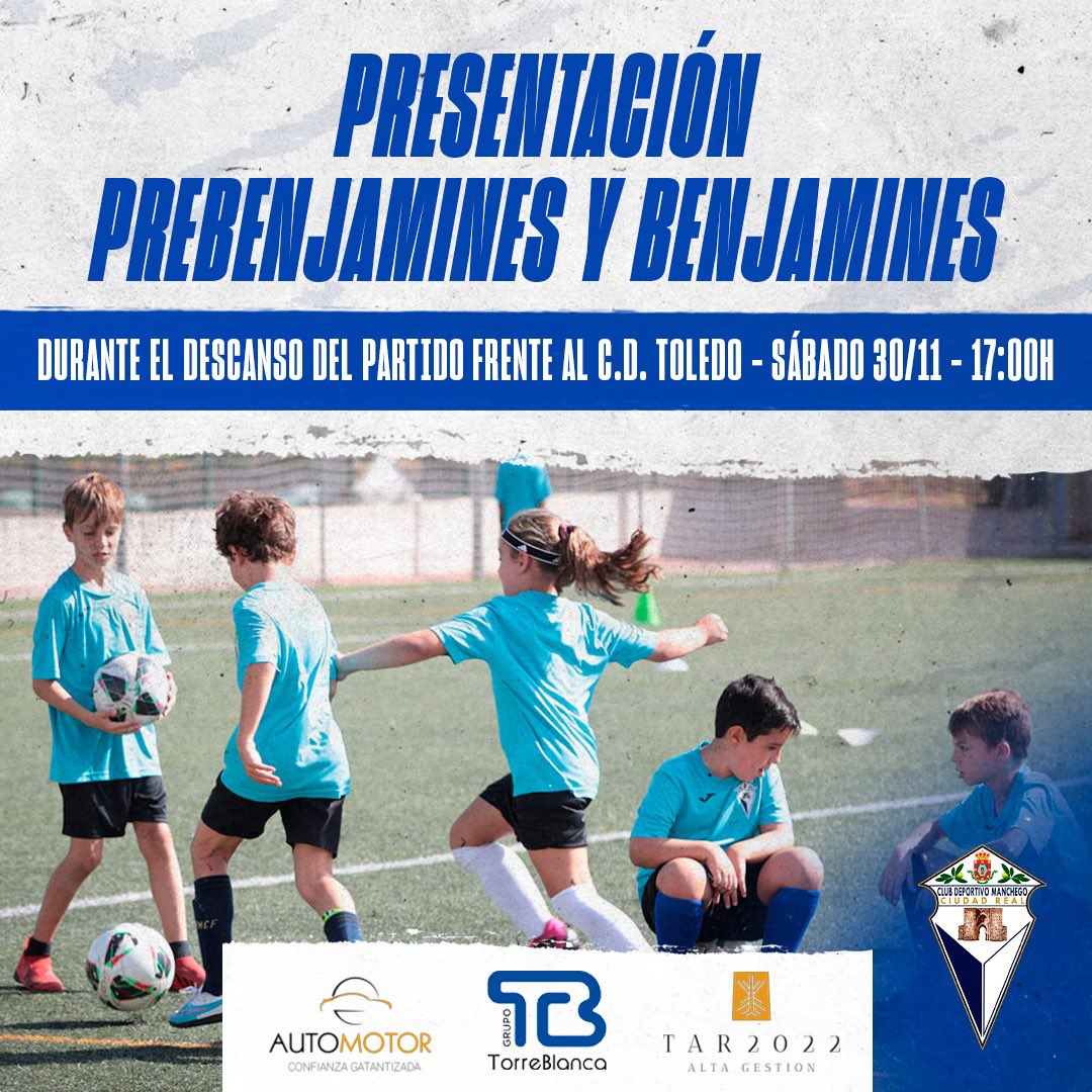 CDManchegoCReal's tweet photo. Este sábado, durante el descanso del partido, vuelve uno de los momentos más emotivos y queridos, la presentación de nuestros niñ@s de la Academia. En este día se hará la presentación de los grupos de PREBENJAMINES y BENJAMINES.

https://t.co/MKN497vYxO

https://t.co/nX2iag4lbe

https://t.co/Um340ayCTi

#AupaManchego 💙🤍