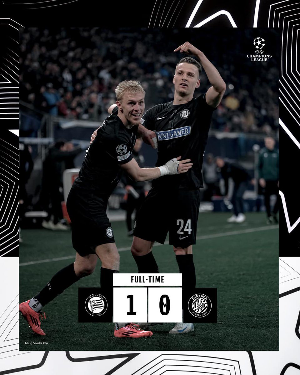 HISTORISCH!!! Wir gewinnen gegen den <a href="/GironaFC/">Girona FC</a> mit 1:0 und holen die ersten Königsklassen-Punkte seit über 23 Jahren! 🥹🖤🤍 #sturmgraz #UCL #STUGIR
____________
STU 1:0 GIR |⏱️90+4'