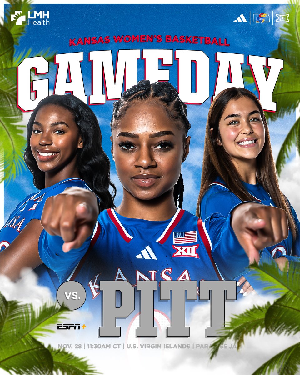Kansas Women's Basketball (@kuwbball) on Twitter photo Game 1 🌴 Paradise Jam
👉 vs. Pittsburgh
⏰ 11:30 AM CT
📍 St. Thomas, U.S. Virgin Islands
📺 ESPN+
🎙️ Jayhawk Sports Network
<a href="/paradisejam/">Paradise Jam</a> | <a href="/lmhorg/">LMH Health</a> Game 1 🌴 Paradise Jam
👉 vs. Pittsburgh
⏰ 11:30 AM CT
📍 St. Thomas, U.S. Virgin Islands
📺 ESPN+
🎙️ Jayhawk Sports Network
<a href="/paradisejam/">Paradise Jam</a> | <a href="/lmhorg/">LMH Health</a>