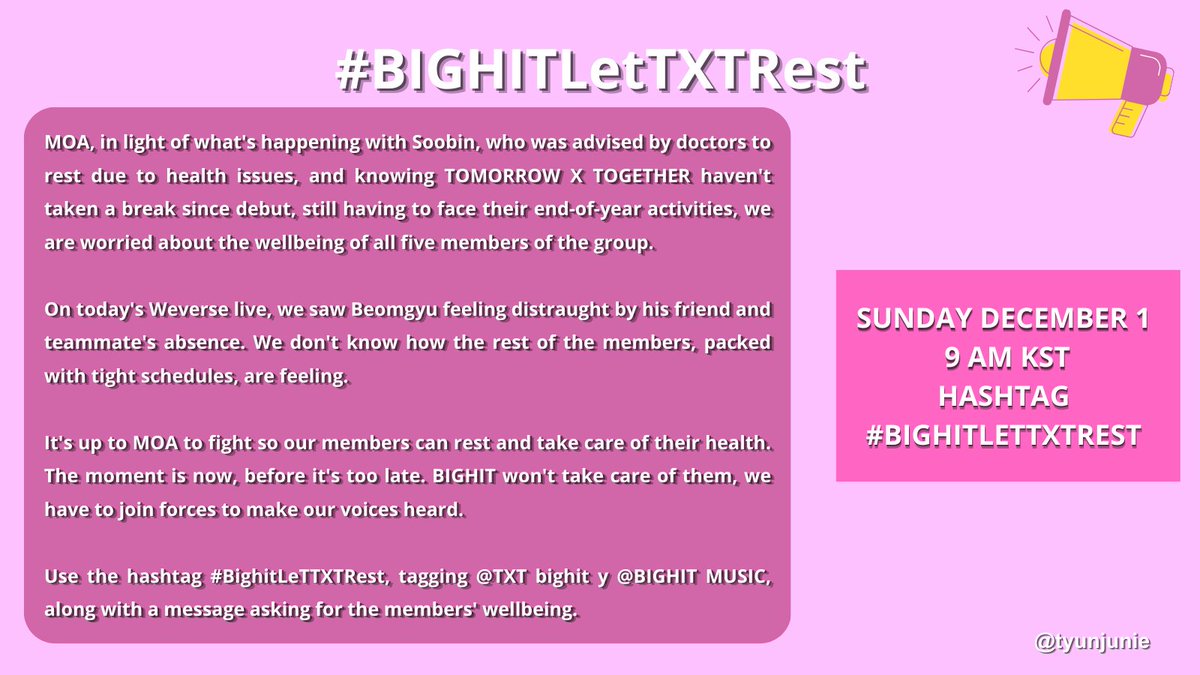 tyunjunie's tweet photo. MOA

Este domingo 9 AM KST (9PM del sábado en Argentina), vamos a estar haciendo un proyecto de difusión con el hashtag #BIGHITLetTXTRest con la esperanza de hacernos escuchar y darle a TXT su merecido descanso. Por favor difundan, únanse y etiqueten a más moas 🫶🏻 https://t.co/IxBia8p80K
