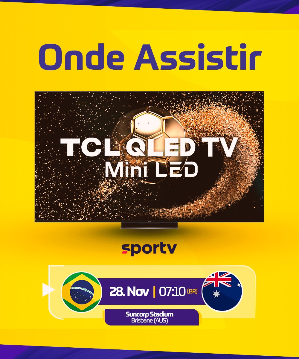 De olho na telinha! 📺

Você assiste a transmissão ao vivo do nosso amistoso contra a Austrália na tela do <a href="/sportv/">sportv</a>! Confira os detalhes e prepare a sua torcida! VAMOOOS! 💚💛

🇧🇷 x 🇦🇺
🗓️ 28/11 - 07h10 (horário de Brasília)
🏟️ Suncorp Stadium - Brisbane (AUS)