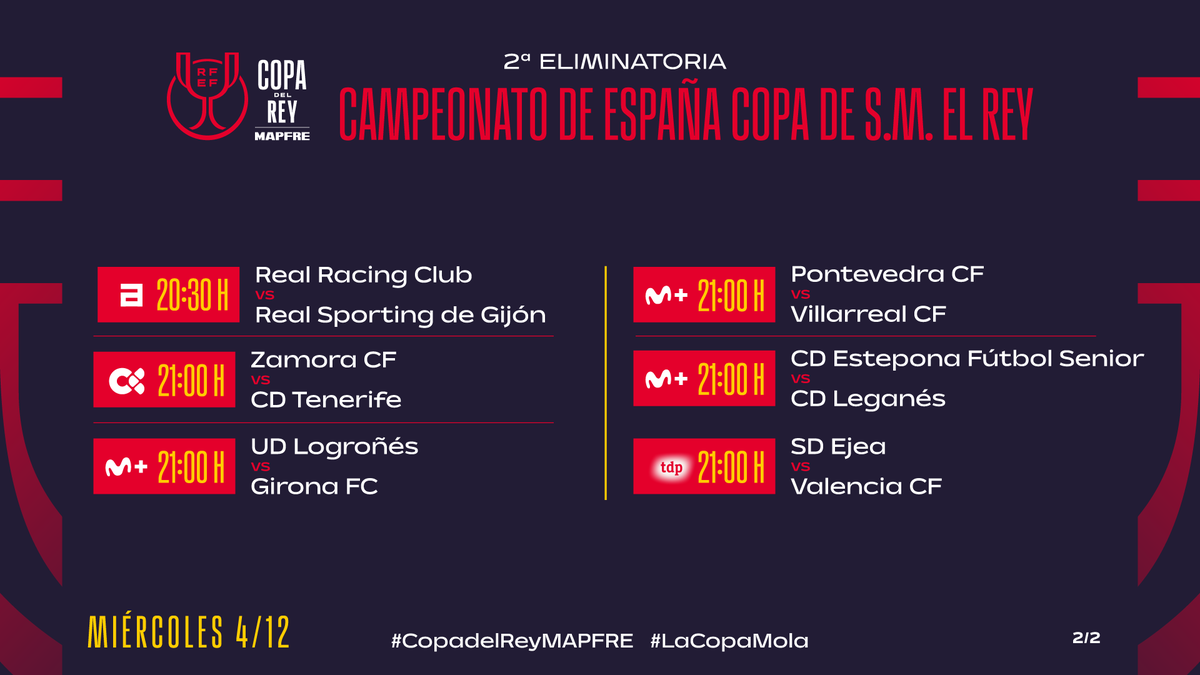 rfef's tweet photo. ⏰ 𝗛𝗢𝗥𝗔𝗥𝗜𝗢𝗦 I Este es el orden de juego de la 𝘀𝗲𝗴𝘂𝗻𝗱𝗮 𝗲𝗹𝗶𝗺𝗶𝗻𝗮𝘁𝗼𝗿𝗶𝗮 de la #CopaDelReyMAPFRE 

🗓️ Los encuentros se celebrarán los días 3, 4 y 5 de diciembre. 

#LaCopaMola 🏆 https://t.co/vbsAWsS5zr