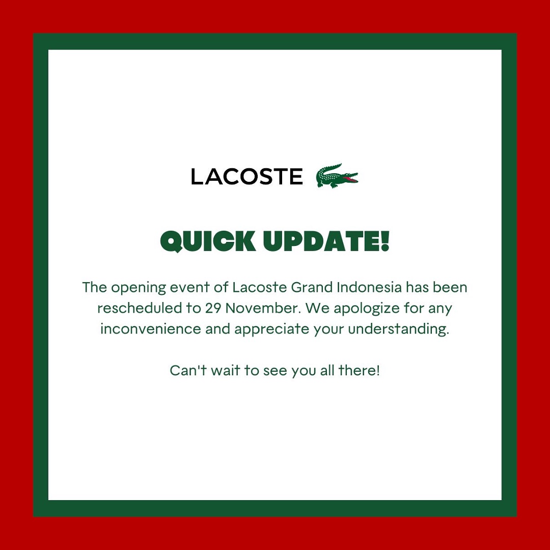 AhnHyoSeop417's tweet photo. #Repost @mapclub
QUICK UPDATE!
Pembukaan Lacoste Grand Indonesia diundur menjadi tanggal 29 November 2024. Kami mohon maaf atas ketidaknyamanan ini dan sangat berterimakasih atas pengertiannya.
Sampai jumpa di acara nanti!
#MAPCLUB https://t.co/3xekd1pCdW