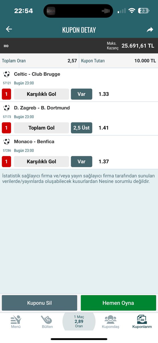 27 Kasım Şampiyonlar Ligi 
İdeal 3Lü

🚨Bugün temkinli gitmekte fayda var geleceğini düşündüğüm kupon

10K🔜26K💰