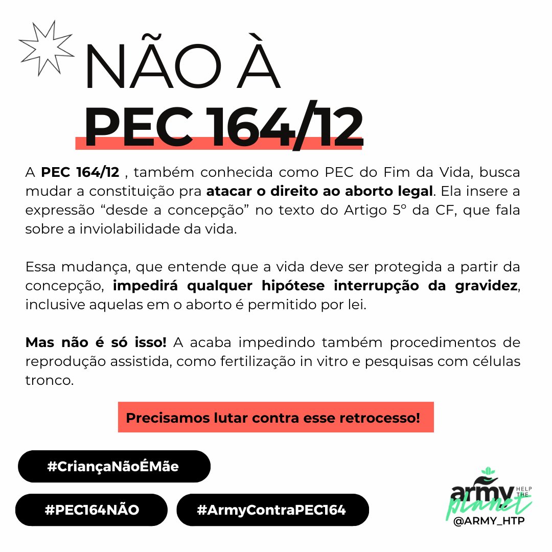 ARMY_HTP's tweet photo. 🚨🚨🚨🚨
Army, a PEC do Estupr* foi aprovada na CCJC e agora vai seguir tramitação e pode ir a votação pelo plenário. 

Precisamos continuar pressionando para evitar esse horror e retrocesso contra os direitos das pessoas que gestam.

NÃO À PEC DO ESTUPRO

#PEC164NÃO #ArmyContraPEC164
