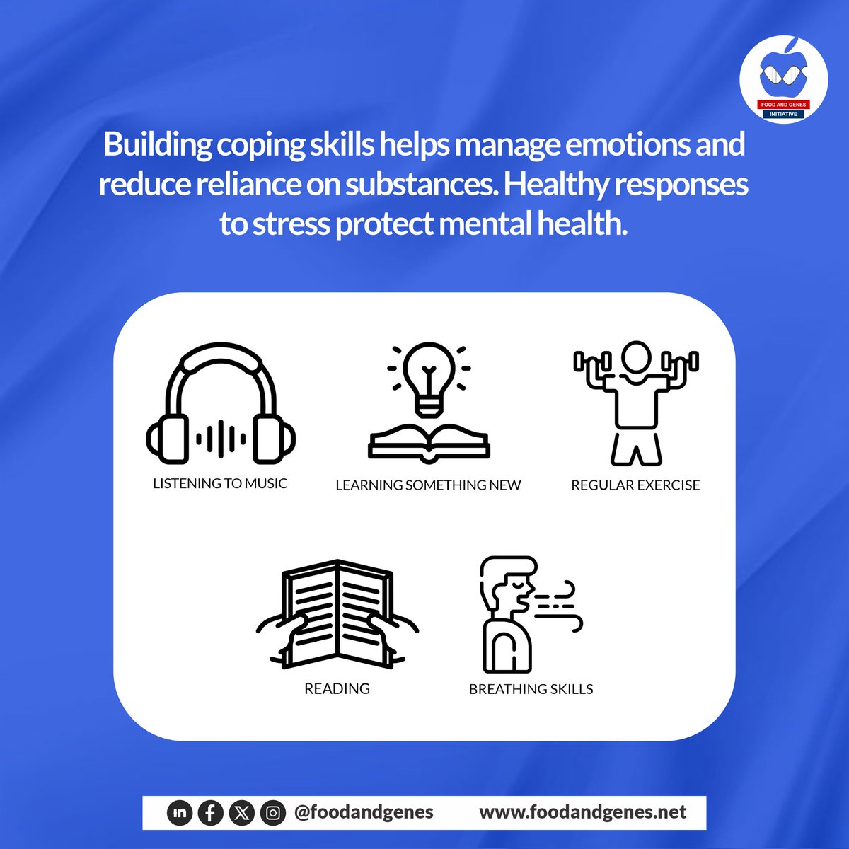 foodandgenes's tweet image. Building coping skills helps manage emotions and reduce reliance on substances. Healthy responses to stress protect mental health.

#fagieducate
#CopingSkills 
#MentalHealthMatters
#MentalWellbeing 
#SubstanceAbuse