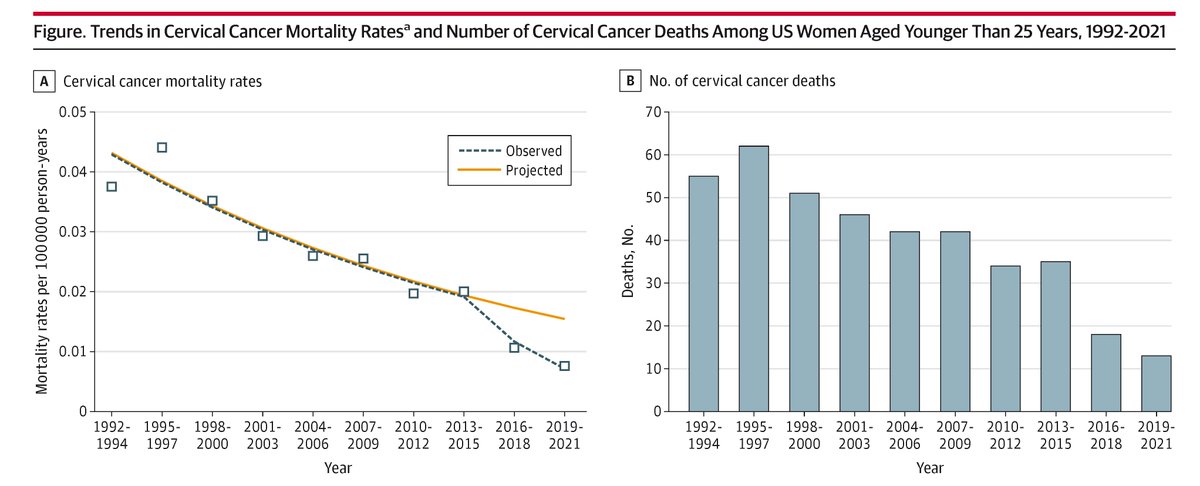Cervical cancer mortality in US women younger than 25 years significantly declined between 2016 and 2021, likely due to the widespread adoption of HPV vaccination. 

ja.ma/4i9ghPC