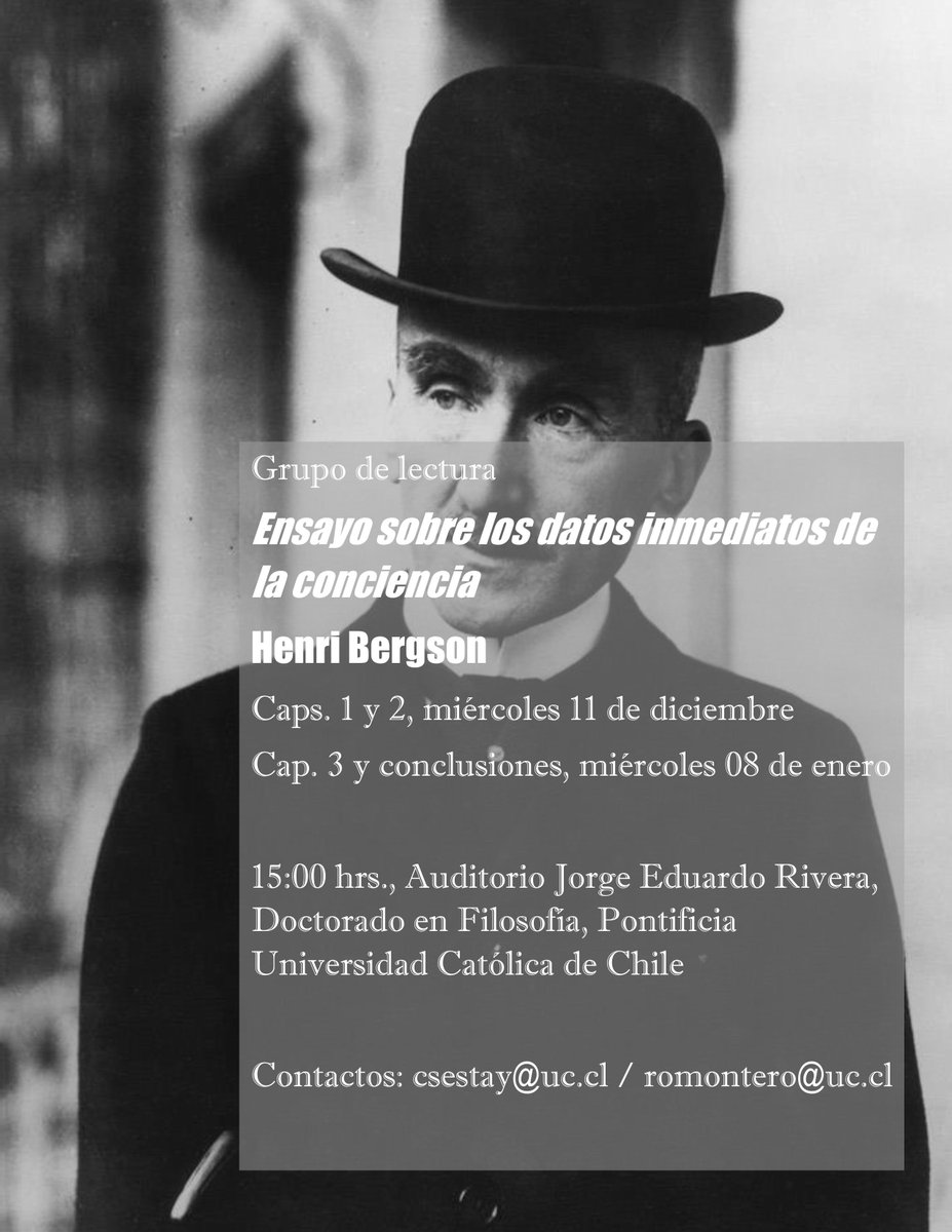 Te invitamos a ser parte del grupo de lectura que estaremos desarrollando sobre el libro “Ensayo sobre los datos inmediatos de la conciencia”, de Henri Bergson. 

✅ Abierto al público
✅ Actividad presencial

Toda la información 👇