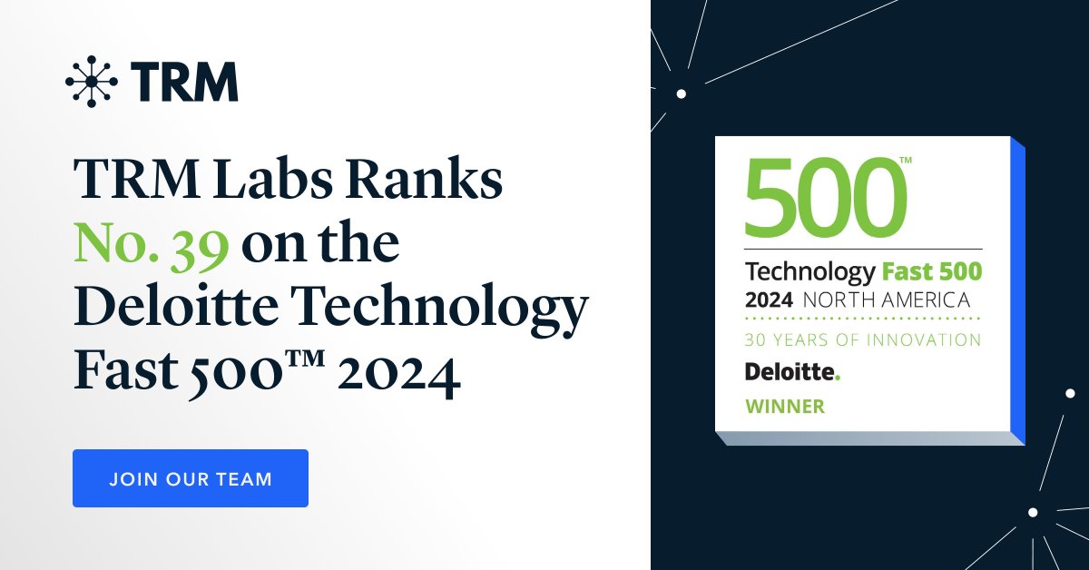 trmlabs's tweet photo. TRM Labs is a @Deloitte Technology Fast 500 winner for 2024! 🚀 Want to be part of the team that’s building a safer financial system for billions of people? Check out our open positions here 👉https://t.co/lEEyUaiVfx https://t.co/1ndqx055uc