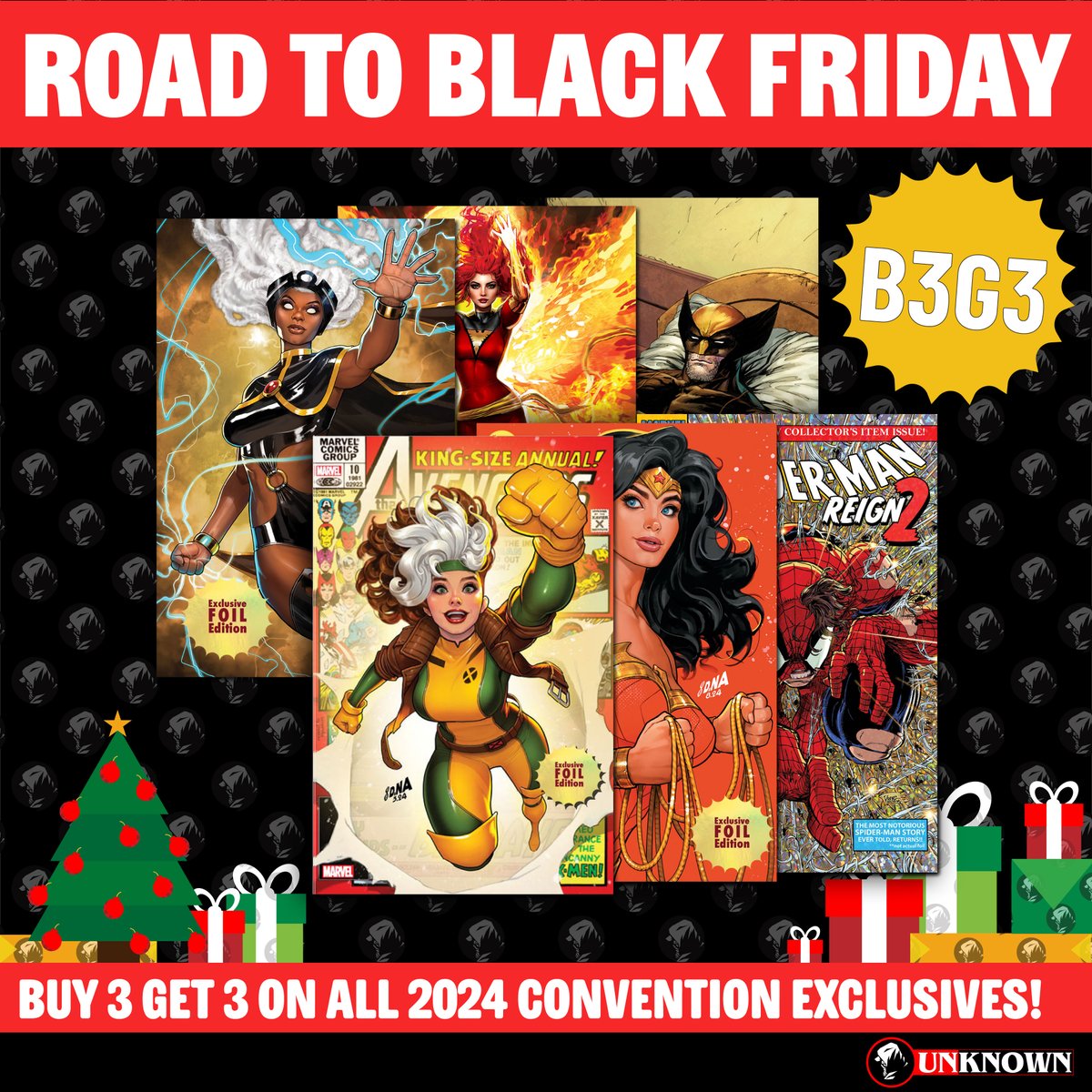 Unknown_Comics's tweet photo. π₯ BUY 3, GET 3 FREE on 2024 Convention Exclusives! π₯
It's the Road to Black Friday at Unknown Comics! Stock up on your favorite variants!
β‘οΈ Shop now: https://t.co/XJ5EUsB13R
#RoadToBlackFriday #Comics #ExclusiveVariants #Buy3Get3Free https://t.co/2MyErSATBb