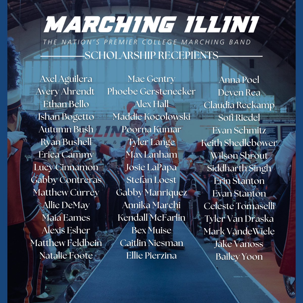 The Marching Illini #band156 2024 season scholarship recipients! These members have exemplified excellence and dedication throughout their time in The Marching Illini, and we could not be more grateful for all their work in and out of the field; THANK YOU!