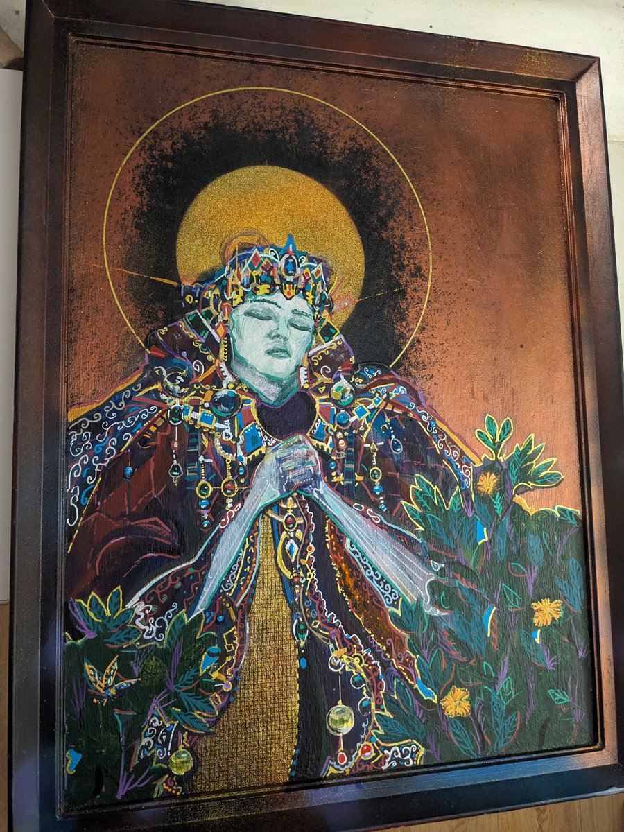 Reamelish's tweet image. Progress on this icon attempt.(My first)  Acrylic on board wip #reamelish #portrait #jewelry .