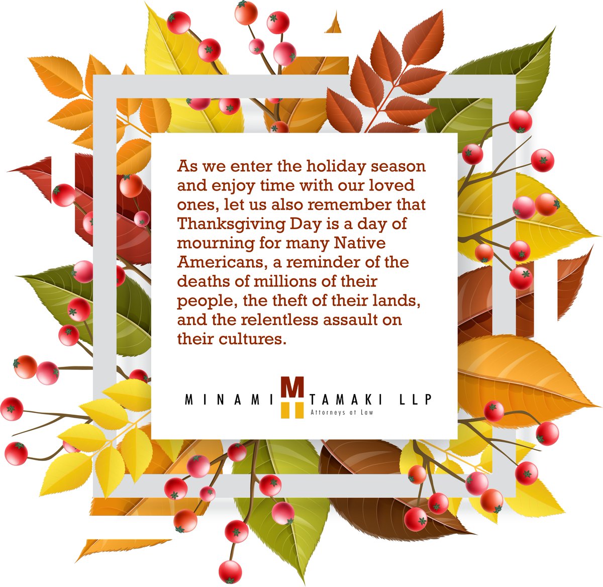 minamitamaki's tweet photo. As we enter the holiday season and enjoy time with our loved ones, let us also remember that #Thanksgiving Day is a day of mourning for many Native Americans, a reminder of the deaths of millions of their people, theft of their lands, and the relentless assault on their cultures. https://t.co/jv7jjujaNr