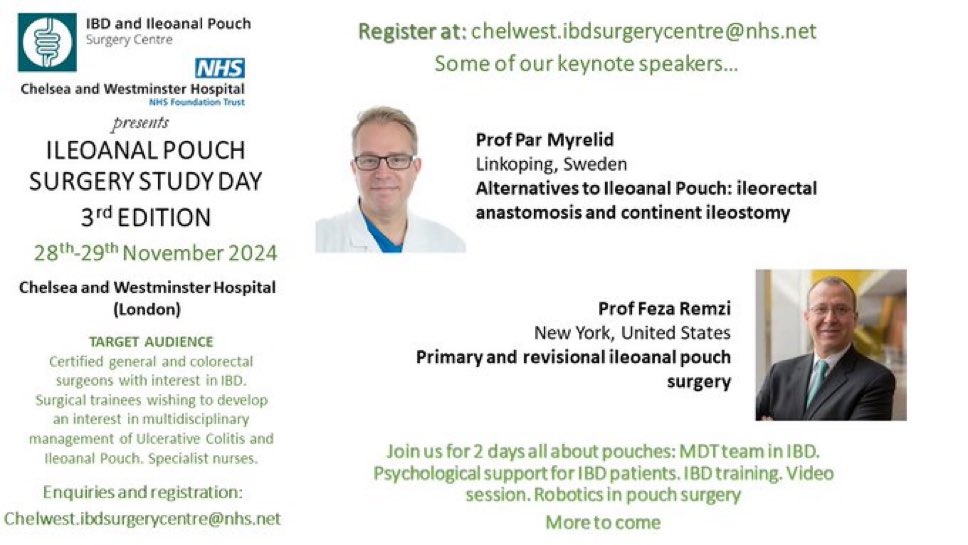 Dr Ann-Marie Howell (@amrhowell) on Twitter photo Looking forward to the 3rd Ileoanal Pouch Surgery Study Day tomorrow <a href="/ChelwestFT/">Chelsea and Westminster Hospital</a> !
Some great international speakers and topics!
<a href="/VCsurgery/">Valerio Celentano</a> <a href="/DrOliverWarren/">Oliver Warren</a> <a href="/DrSarahCMills/">Sarah</a> <a href="/DrChrisNicolay/">Chris Nicolay</a> <a href="/shengyangqiu/">Sheng Qiu</a> <a href="/ParisTekkis/">Paris Tekkis</a> <a href="/ljmuirhead/">Laura J Muirhead</a> <a href="/PMyrelid/">Pär Myrelid</a> <a href="/FezaRemziMD/">Dr Feza Remzi</a> <a href="/DaulatzaiNajib/">Najib Daulatzai</a> <a href="/vanashpatel/">Vanash Patel</a> Looking forward to the 3rd Ileoanal Pouch Surgery Study Day tomorrow <a href="/ChelwestFT/">Chelsea and Westminster Hospital</a> !
Some great international speakers and topics!
<a href="/VCsurgery/">Valerio Celentano</a> <a href="/DrOliverWarren/">Oliver Warren</a> <a href="/DrSarahCMills/">Sarah</a> <a href="/DrChrisNicolay/">Chris Nicolay</a> <a href="/shengyangqiu/">Sheng Qiu</a> <a href="/ParisTekkis/">Paris Tekkis</a> <a href="/ljmuirhead/">Laura J Muirhead</a> <a href="/PMyrelid/">Pär Myrelid</a> <a href="/FezaRemziMD/">Dr Feza Remzi</a> <a href="/DaulatzaiNajib/">Najib Daulatzai</a> <a href="/vanashpatel/">Vanash Patel</a>