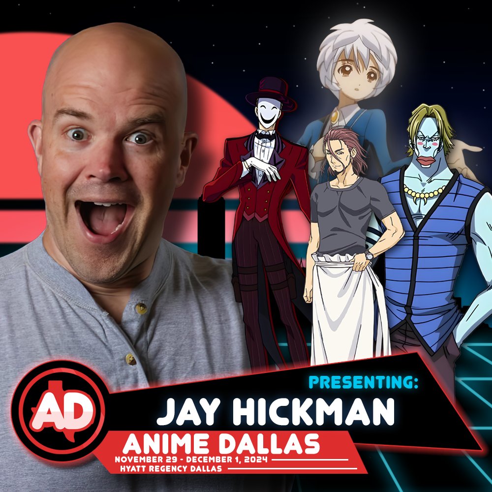 We're excited to also welcome back <a href="/JayHickmanMD/">Jay Hickman</a> as one of our #AnimeDallas hosts this weekend! Jay has voiced in #FoodWars, #OnePiece, #MHA, #SuicideSquad, and can be found in our Guest Hall (and lots of other places!) See if you can spot him!
#AnimeDallas2024 #anime