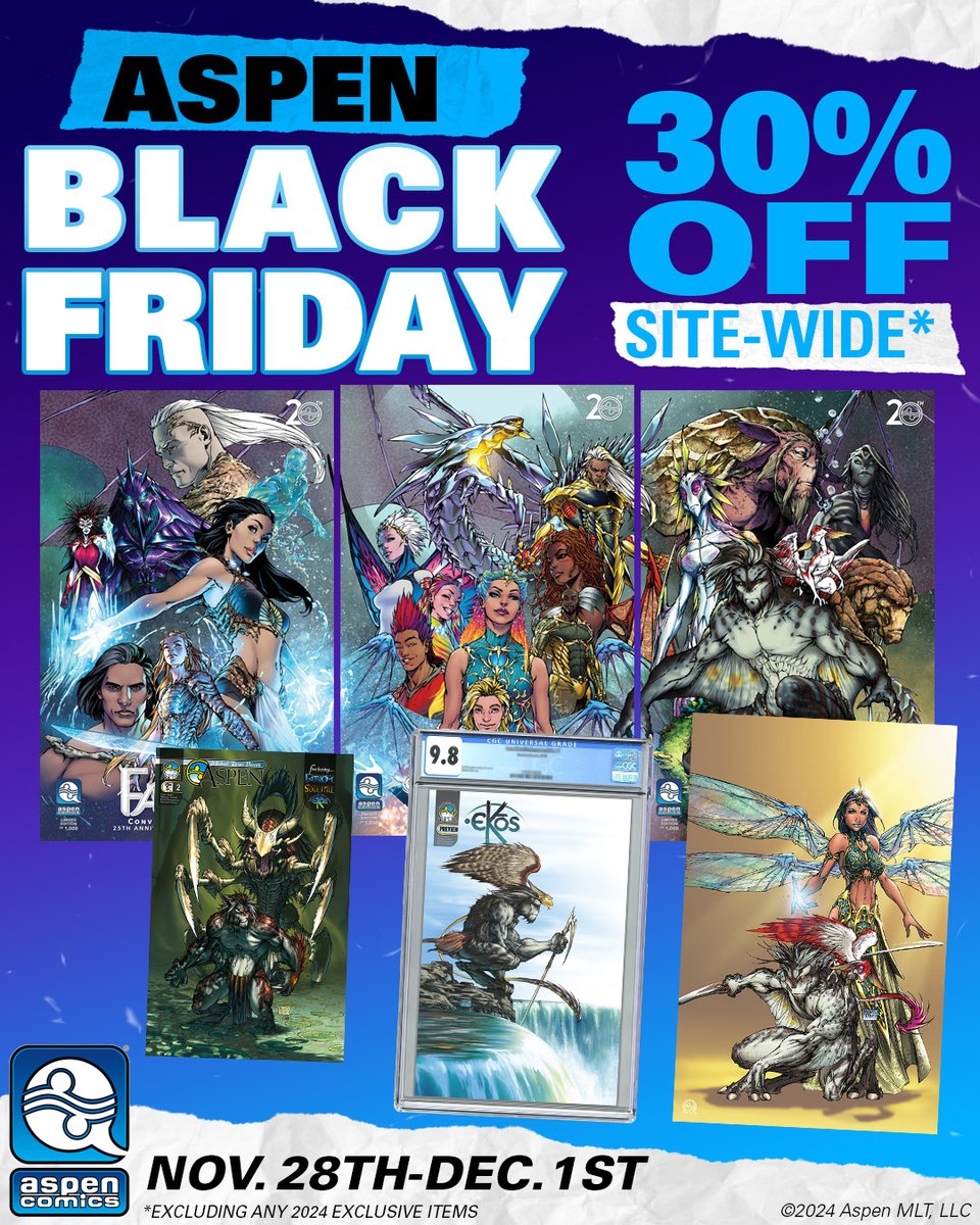 AspenComics's tweet image. The Black Friday Event you've all been waiting for is almost here! Starting tomorrow on AspenStore.com, November 28th at 3 PM PST | 6PM EST we're debuting a site-wide 30% off discount to kick-off the Aspen Holidays!
#blackfridayevent #aspenstore #aspencomics #ekos
