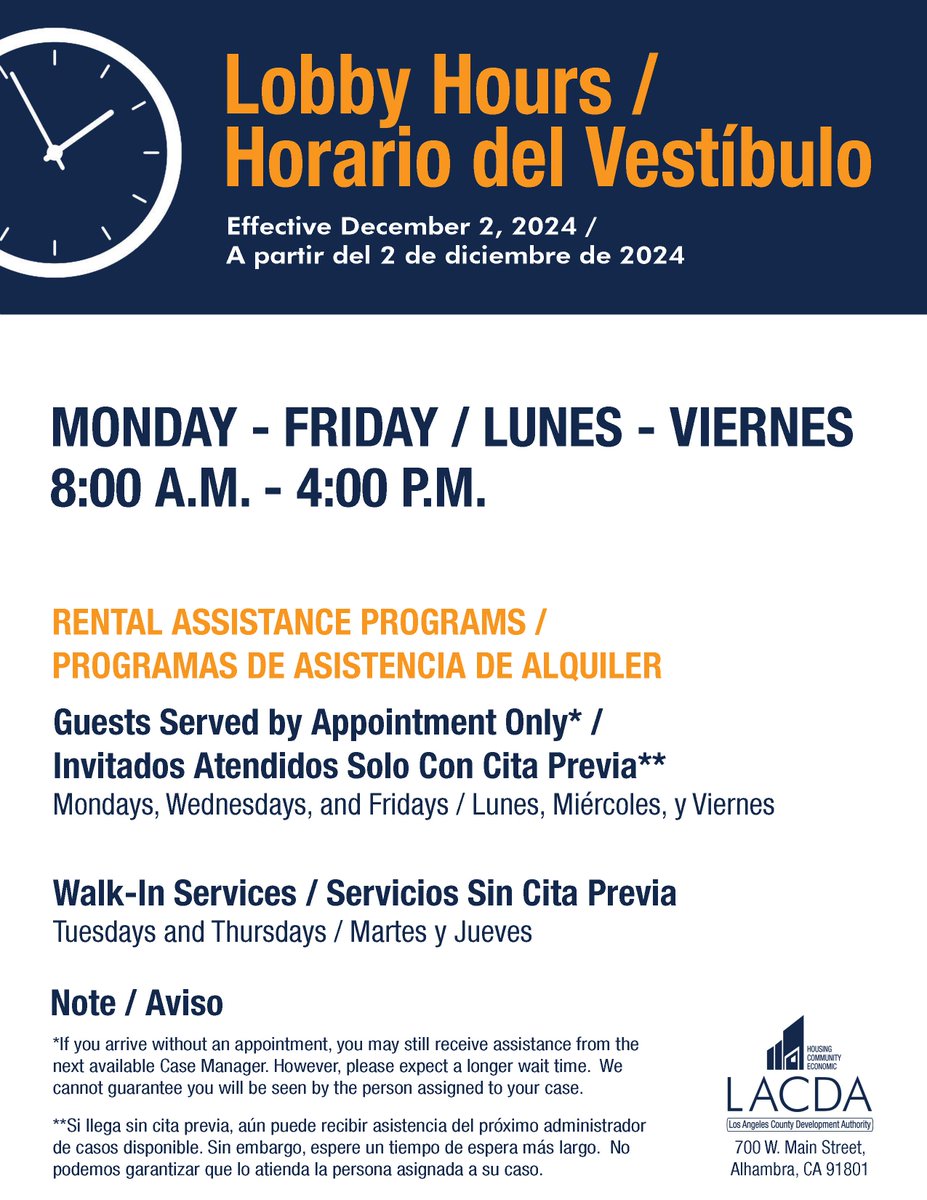 LACDevAuthority's tweet image. Attention, everyone 📢! Starting Monday, 12/2/24, our new lobby schedule 🕒 will take effect for our #LACDA offices in Alhambra and Palmdale. What’s changed? Our Rental Assistance Programs now have designated days for walk-in services and for service by appointment only.