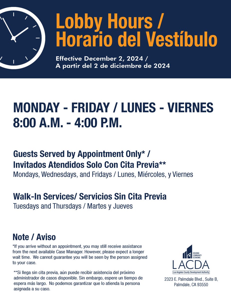 LACDevAuthority's tweet image. Attention, everyone 📢! Starting Monday, 12/2/24, our new lobby schedule 🕒 will take effect for our #LACDA offices in Alhambra and Palmdale. What’s changed? Our Rental Assistance Programs now have designated days for walk-in services and for service by appointment only.