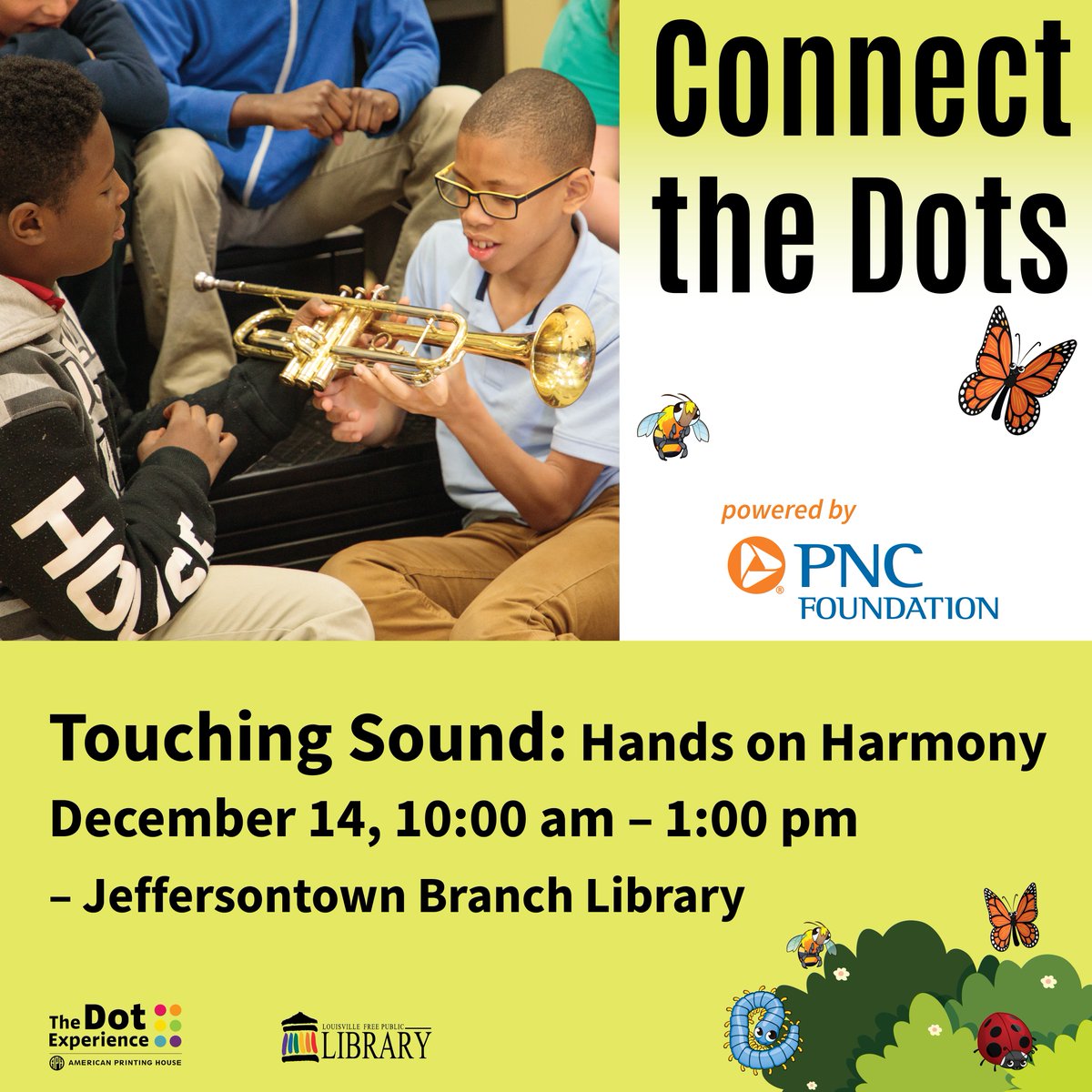 DotExperience's tweet image. Explore techniques used by musicians who are blind or low vision with us at Connect the Dots Powered by the @PNCBank Foundation! Join us on 12/14 from 10 am-1 pm ET at the @LFPL Jeffersontown Branch Library. Learn more about this program: bit.ly/3BseXGA #ConnectTheDots